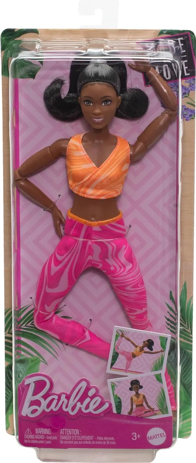 Barbie Made to Move Fashion Doll with Black Hair Wearing Removable Yellow Sports Top & Pink Yoga Pants, 22 Bendable Joints