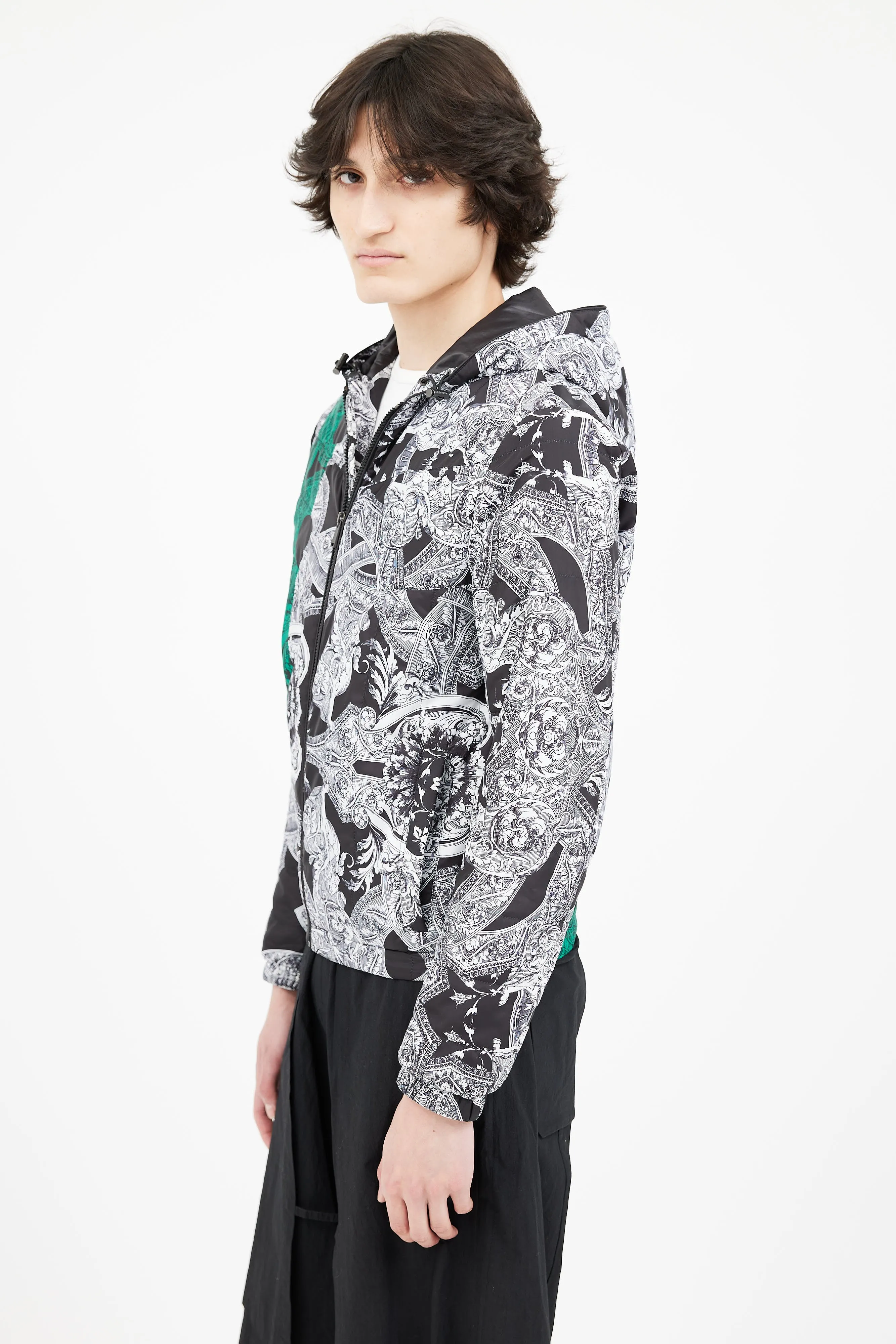 Black & White Barocco Print Packable Jacket