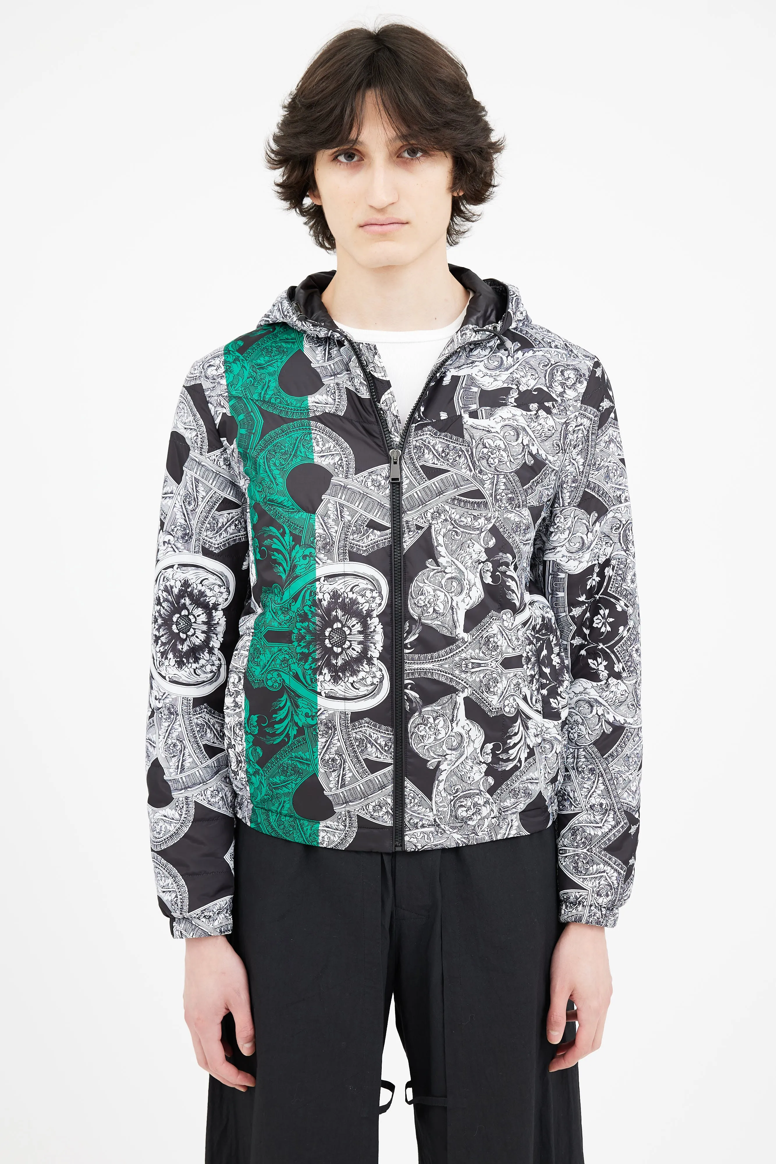 Black & White Barocco Print Packable Jacket