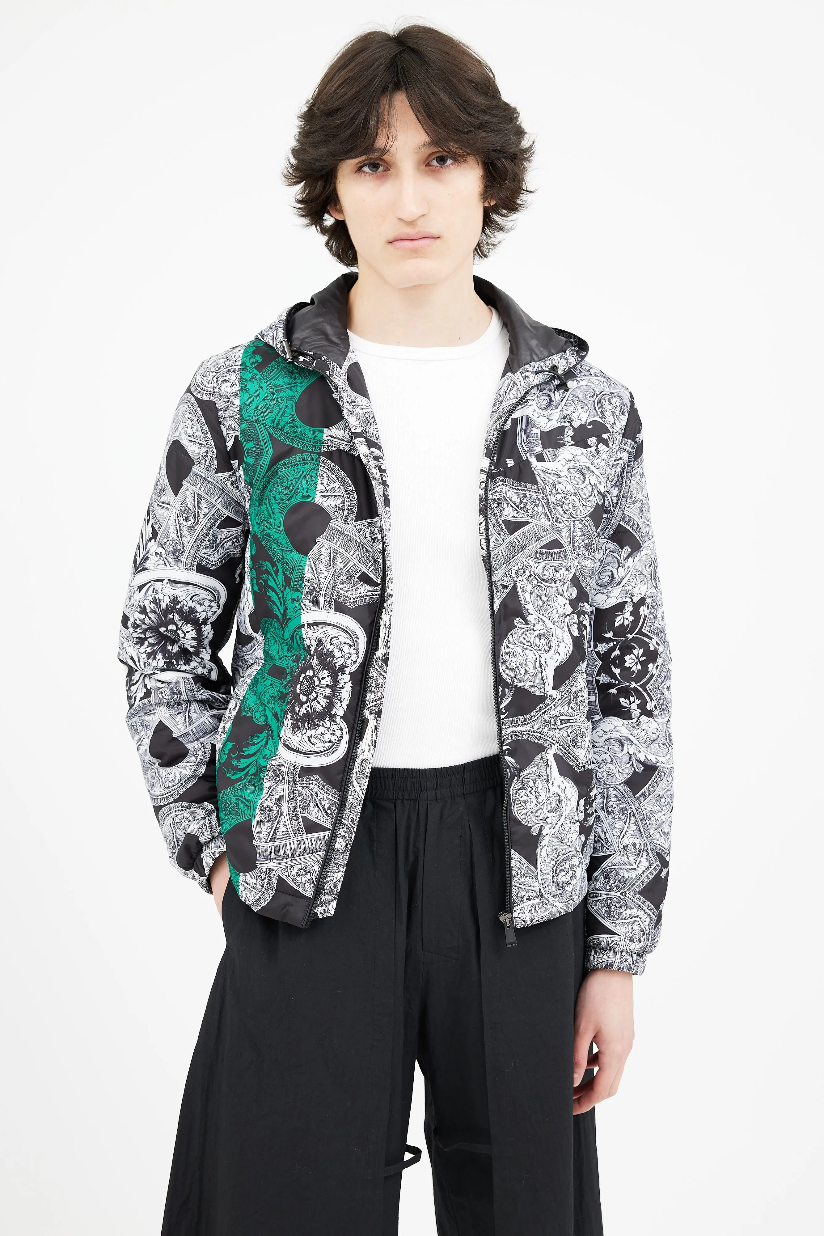 Black & White Barocco Print Packable Jacket