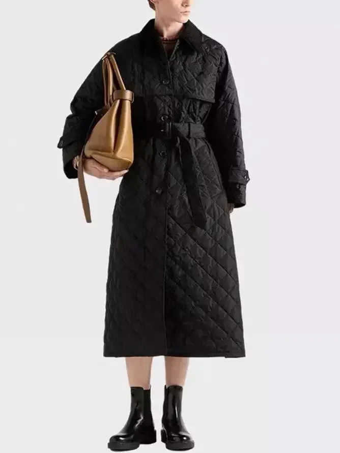 Black Diamond Quilting Belted Trench Coat