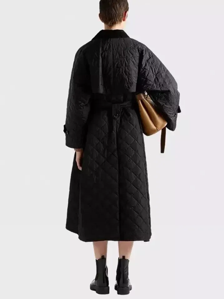 Black Diamond Quilting Belted Trench Coat