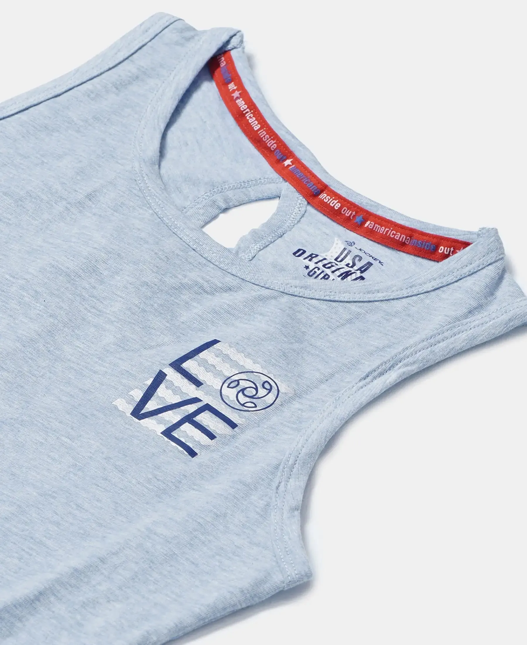 Girl's Super Combed Cotton Elastane Stretch Graphic Printed Tank Top - Sky Blue Melange Printed