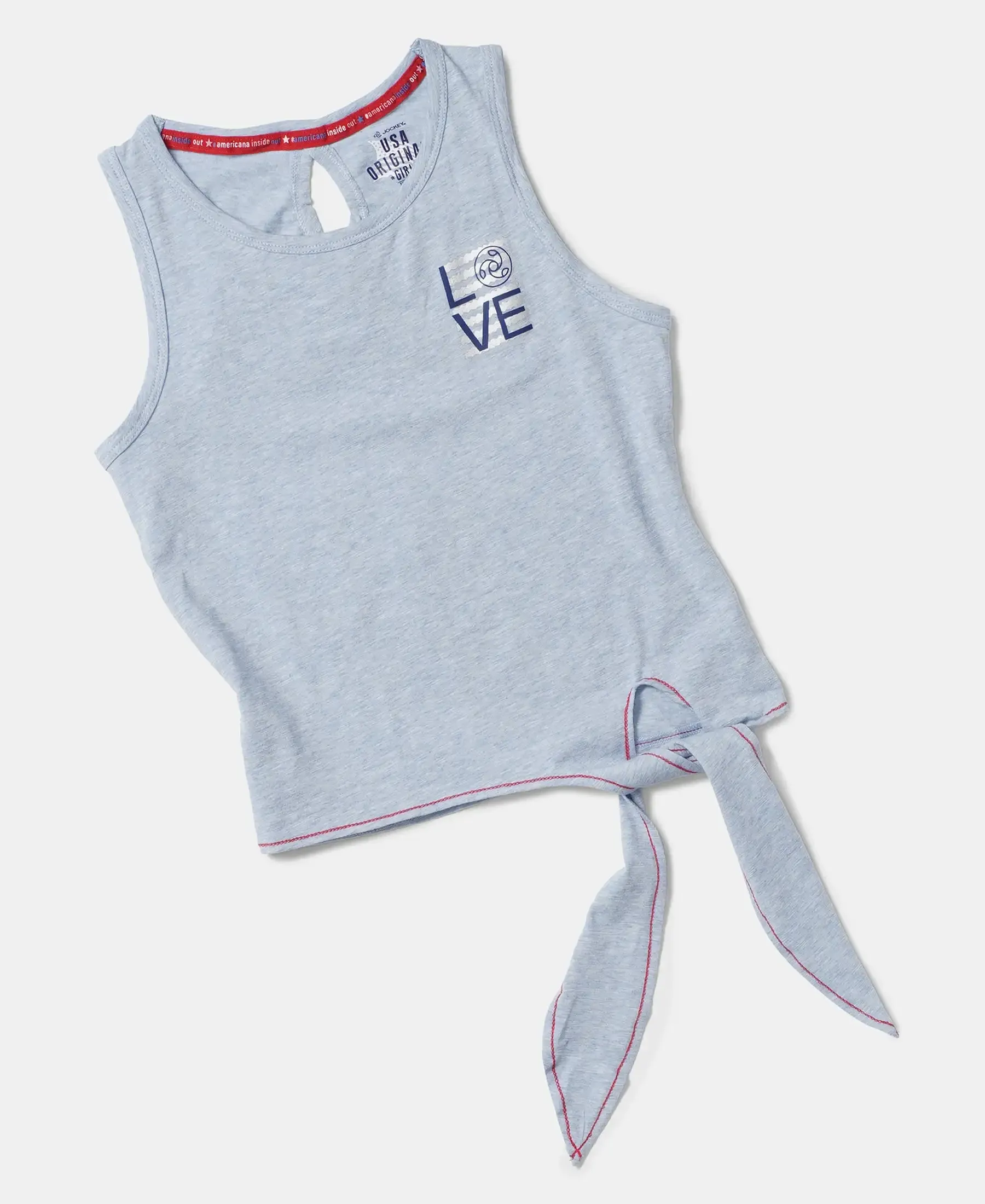 Girl's Super Combed Cotton Elastane Stretch Graphic Printed Tank Top - Sky Blue Melange Printed