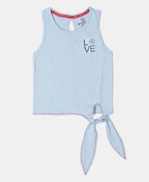 Girl's Super Combed Cotton Elastane Stretch Graphic Printed Tank Top - Sky Blue Melange Printed