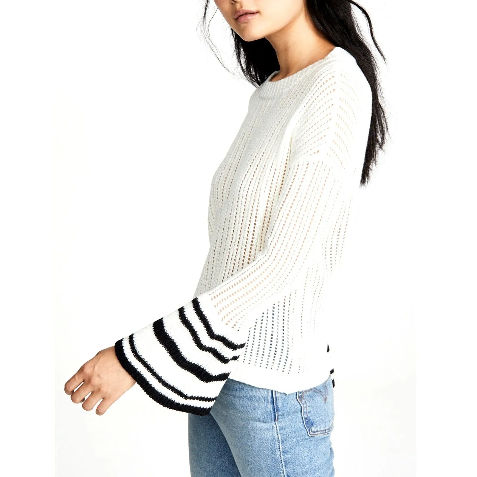 Jack By BB Dakota Women's Flare Stripe Sleeves Lightweight Knit Top Sweater