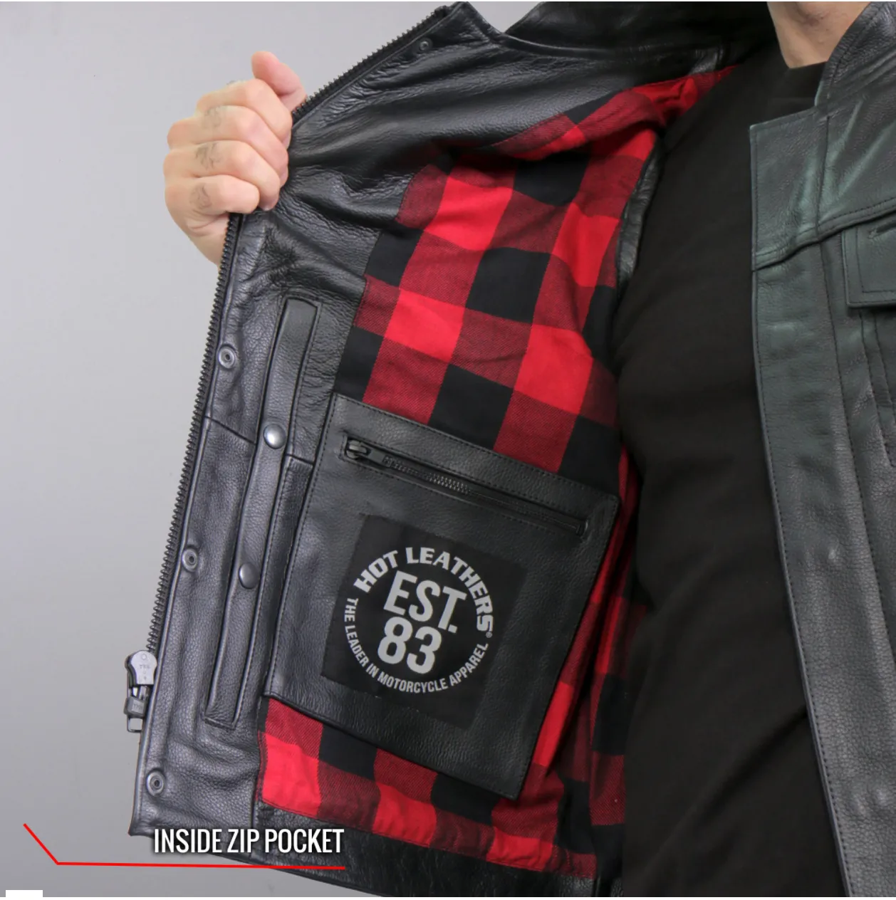 Red Flannel Lined Club Style Leather Waistcoat / Cut by Hot Leathers